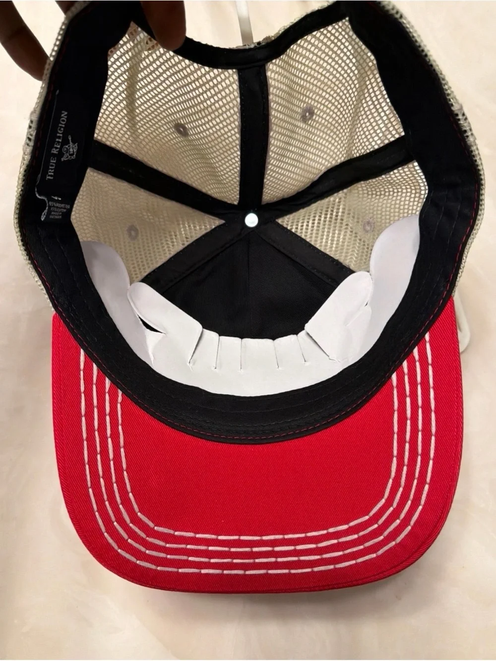 True Religion Red Trucker Hat with Tan Patch